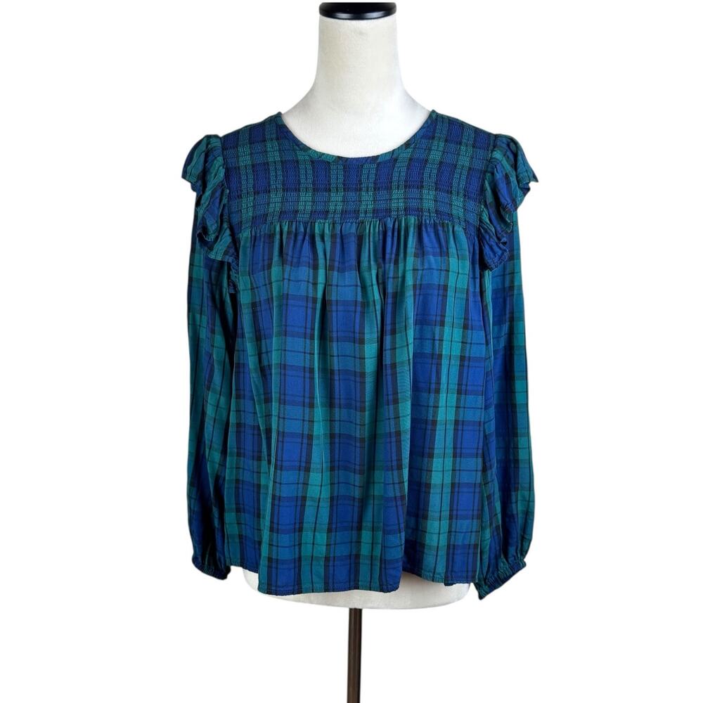 Vineyard Vines Medium Green Blue Plaid Smocked Yoke Ruffled Long Sleeve Top